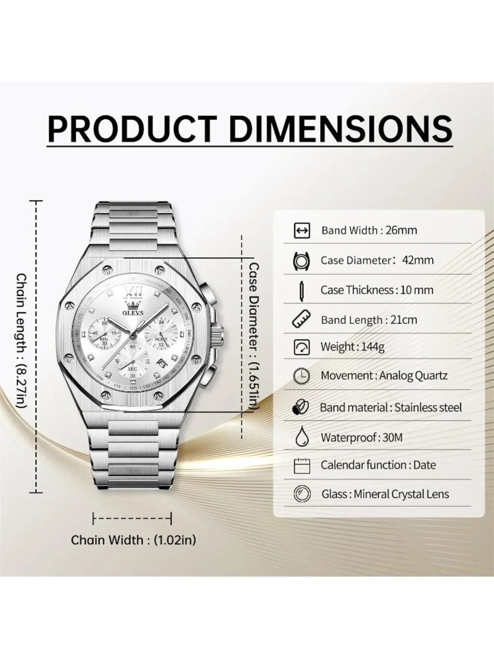 Men's Silver Luxury Stainless Octagon Analog Quartz Chronograph Waterproof Watch